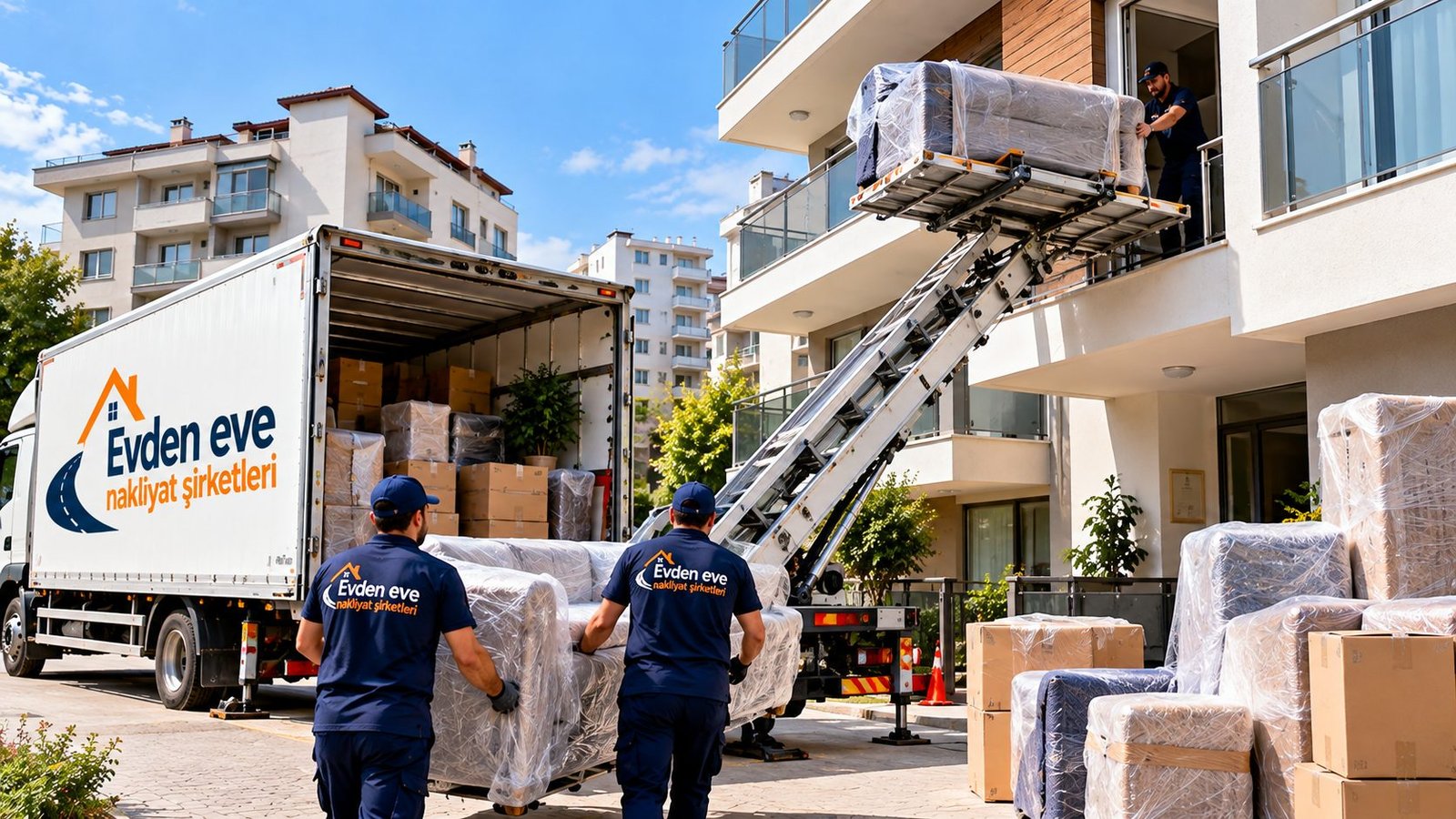 Mobil asansörle balkondan koltuk indirilirken nakliyat ekibi
